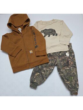 Carhartt Kid's Long-Sleeve T-Shirt Full-Zip Sweatshirt & Camo Pant Set 12mo EUC